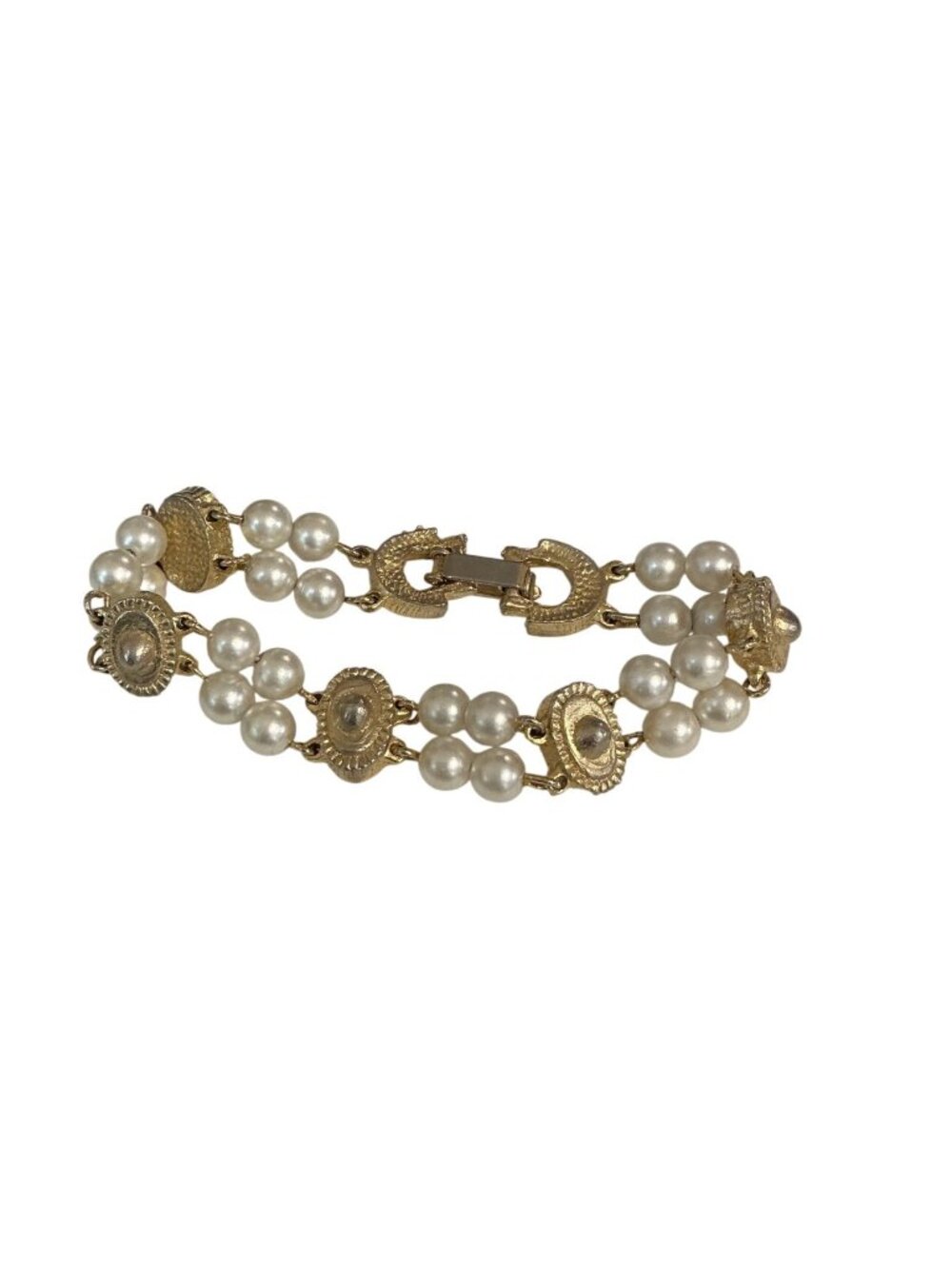 Vintage Gold Tone Faux Pearl Bracelet 7-Inch Double Strand Elegant Design - Picture 4 of 5